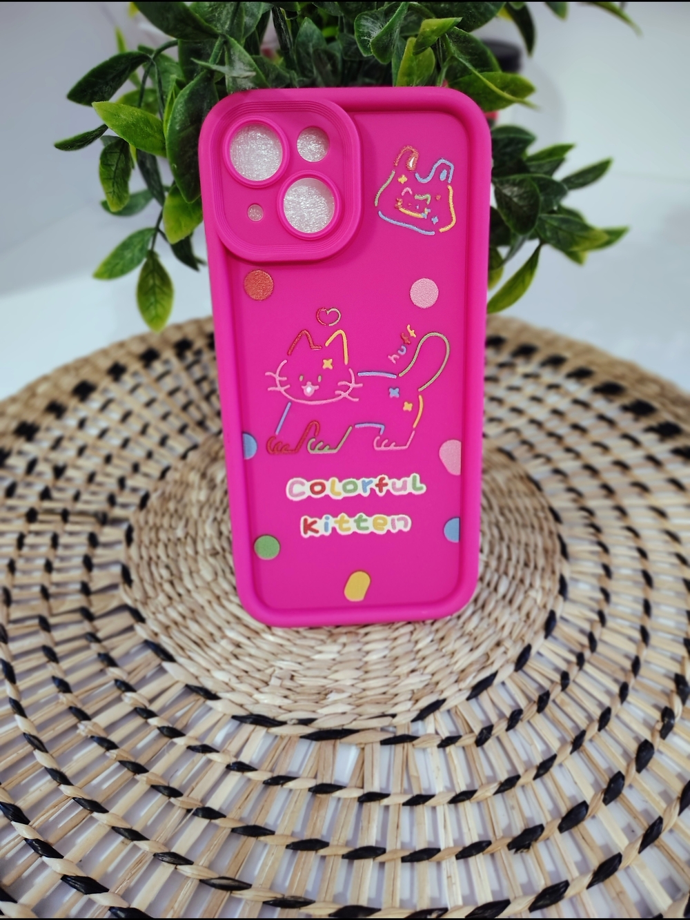 Pink Silicone Iphone 15 Case with Colorful Kitten Design